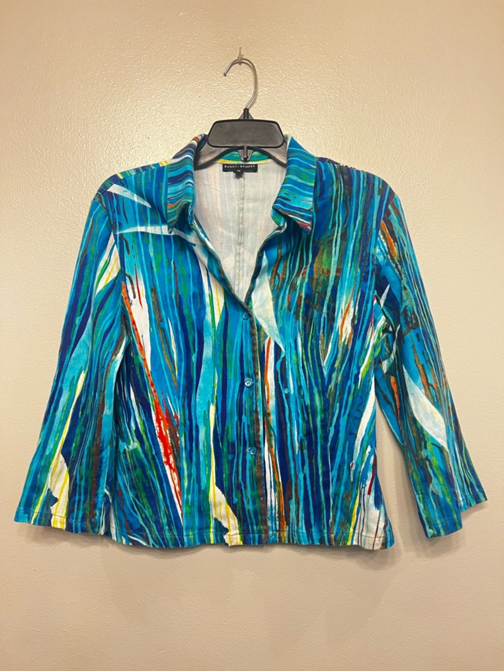Robert Kemper Blue Teal‎ Striped Button-Down Shirt Artistic Colorful Bold Print